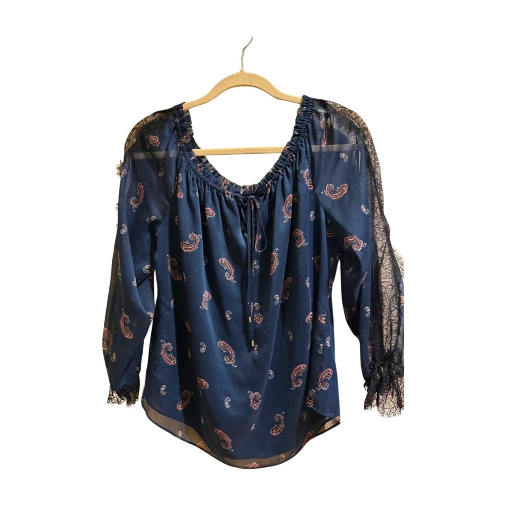 White House Black Market Blue Paisley Blouse with Lace